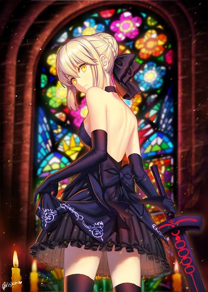 Anime picture 700x982 with fate (series) fate/grand order fate/stay night artoria pendragon (all) saber saber alter briska single tall image looking at viewer fringe blonde hair hair between eyes signed yellow eyes payot looking back from behind bare back girl