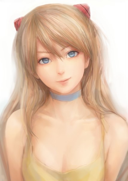Anime picture 772x1084 with neon genesis evangelion gainax soryu asuka langley misshu single long hair tall image looking at viewer blue eyes simple background smile brown hair white background bare shoulders cleavage realistic portrait girl hair ornament choker
