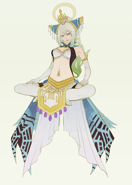 Anime picture 720x1010 with warriors orochi (game) egawa satsuki single long hair tall image light erotic simple background sitting purple eyes bare shoulders looking away cleavage full body green hair piercing indian style girl gloves navel hair ornament