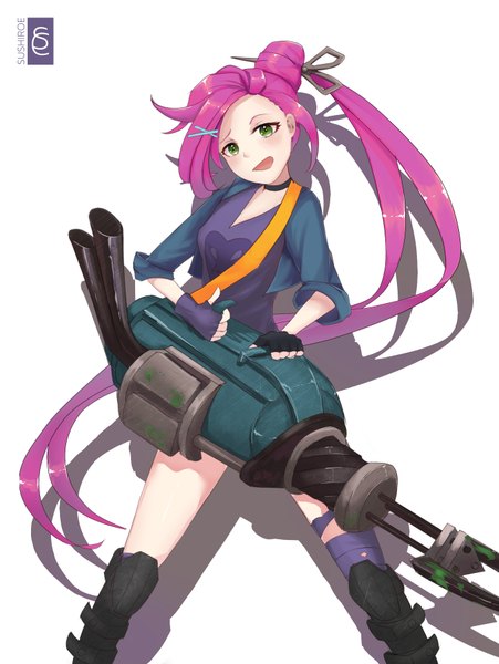 Anime picture 676x900 with league of legends jinx (league of legends) sushiroe single tall image blush simple background smile standing white background green eyes pink hair very long hair shadow girl gloves weapon fingerless gloves gun