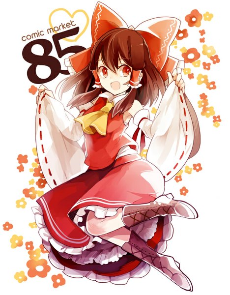 Anime picture 647x829 with touhou comiket 85 hakurei reimu azuma aya single long hair tall image open mouth red eyes brown hair white background looking away jumping girl skirt flower (flowers) bow hair bow detached sleeves knee boots