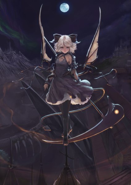 Anime picture 2064x2920 with original mizore akihiro single tall image highres short hair blue eyes white hair girl dress weapon wings moon scythe