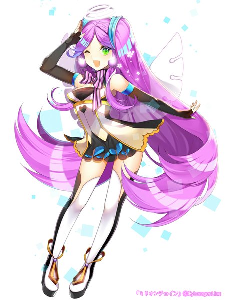 Anime picture 850x1130 with original roh nam kyung single tall image looking at viewer open mouth green eyes purple hair very long hair one eye closed wink girl thighhighs dress gloves wings fingerless gloves halo