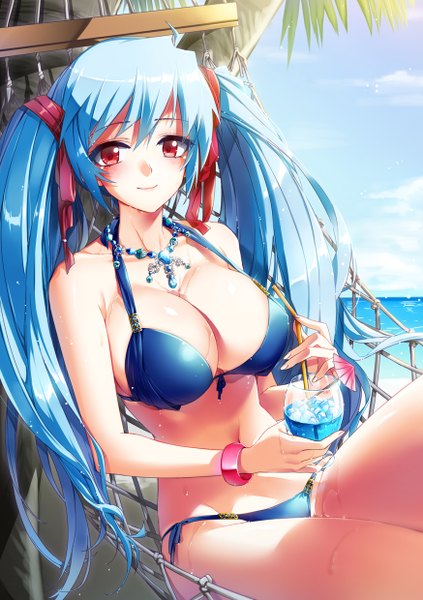Anime picture 874x1240 with sword girls luthica preventer gyullmat single long hair tall image looking at viewer breasts light erotic red eyes large breasts twintails blue hair girl ribbon (ribbons) swimsuit hair ribbon bikini bracelet drink