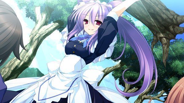 Anime picture 1280x720 with tiny dungeon (game) rosebleu long hair red eyes wide image game cg purple hair ponytail maid girl plant (plants) tree (trees) headdress maid headdress