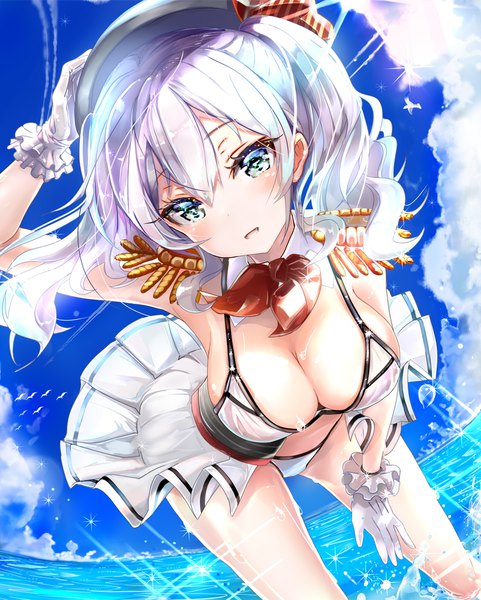 Anime picture 802x1000 with kantai collection kashima training cruiser keepout single long hair tall image blush fringe breasts open mouth light erotic hair between eyes large breasts twintails sky silver hair cloud (clouds) aqua eyes sparkle leaning