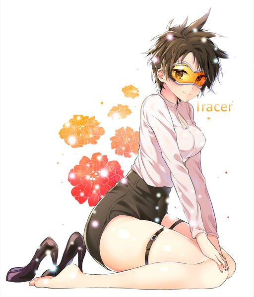 Anime picture 1259x1476 with overwatch blizzard entertainment tracer (overwatch) mikan nugu single tall image looking at viewer blush short hair breasts simple background smile brown hair white background sitting brown eyes cleavage full body bent knee (knees) long sleeves