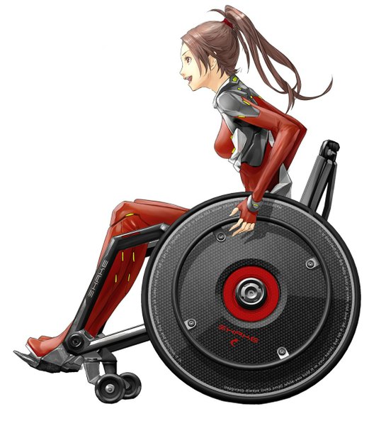 Anime picture 1105x1217 with guilty crown production i.g shinomiya ayase redjuice long hair tall image breasts simple background brown hair white background girl pilot suit wheelchair