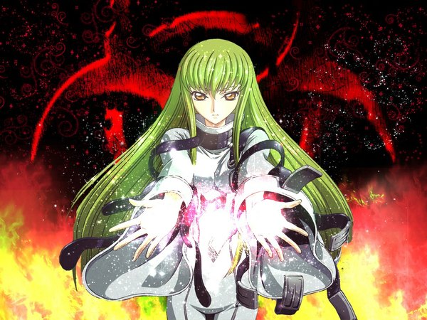 Anime picture 1024x768 with code geass sunrise (studio) c.c. single long hair looking at viewer fringe yellow eyes green hair wide sleeves girl