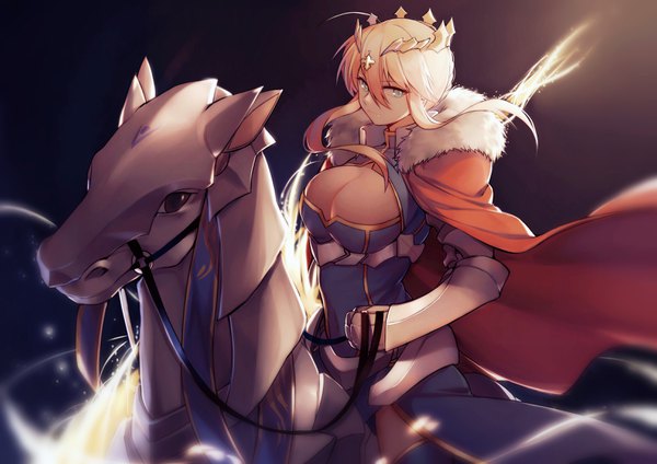 Anime picture 3264x2308 with fate (series) fate/grand order artoria pendragon (all) artoria pendragon (lancer) dun stallion yorukun single long hair fringe highres breasts light erotic blonde hair hair between eyes large breasts looking away absurdres cleavage silver hair ahoge