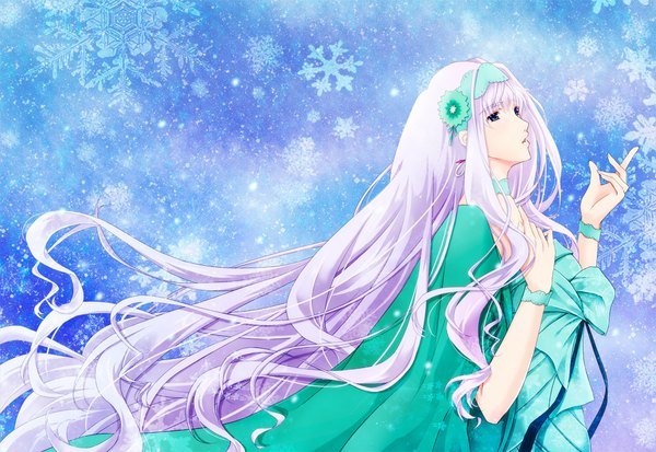 Anime picture 1000x689 with macross macross frontier sheryl nome mizusawa nagi single blue eyes looking away silver hair very long hair snowing girl dress hairband snowflake (snowflakes)