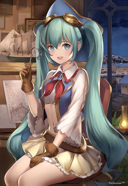 Anime picture 1034x1500 with vocaloid hatsune miku stellarism single long hair tall image looking at viewer blush fringe open mouth smile hair between eyes sitting twintails holding signed payot indoors very long hair :d