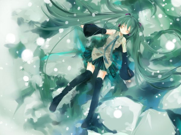 Anime picture 1600x1200 with vocaloid hatsune miku bear (artist) long hair highres twintails full body eyes closed zettai ryouiki girl thighhighs detached sleeves necktie