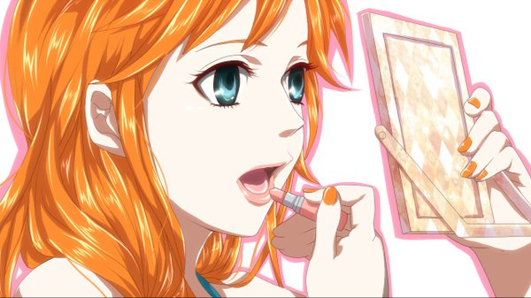Anime picture 1280x720 with one piece toei animation nami (one piece) komomo1214 single long hair open mouth blue eyes simple background wide image white background bare shoulders looking away nail polish orange hair lipstick parody girl mirror lipstick tube