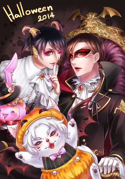 Anime picture 1024x1463 with v-sil tall image short hair black hair red eyes brown hair nail polish one eye closed pink eyes horn (horns) fingernails pointy ears wink multiple boys finger to mouth halloween long fingernails bat wings vampire 2014
