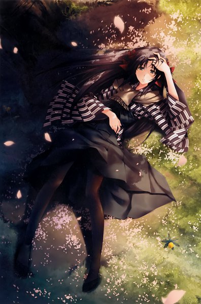 Anime picture 2641x4000 with cartagra kouzuki kazuna sugina miki single long hair tall image looking at viewer fringe highres black hair full body outdoors lying traditional clothes japanese clothes pleated skirt black eyes sunlight scan official art