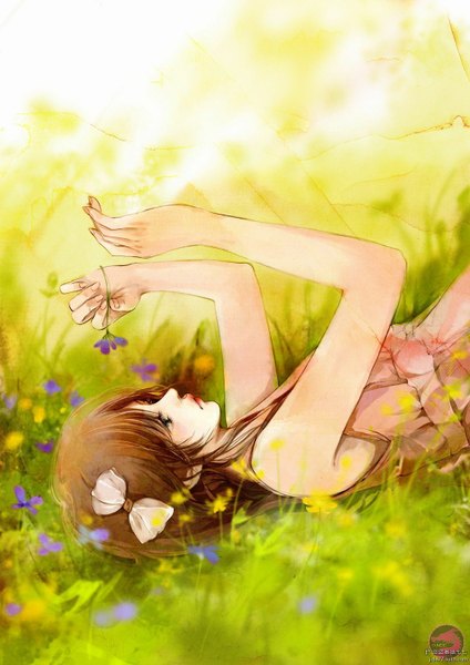 Anime picture 1060x1500 with original jide77 single long hair tall image brown hair green eyes barefoot looking up girl dress hair ornament flower (flowers) bow plant (plants) hair bow grass sundress