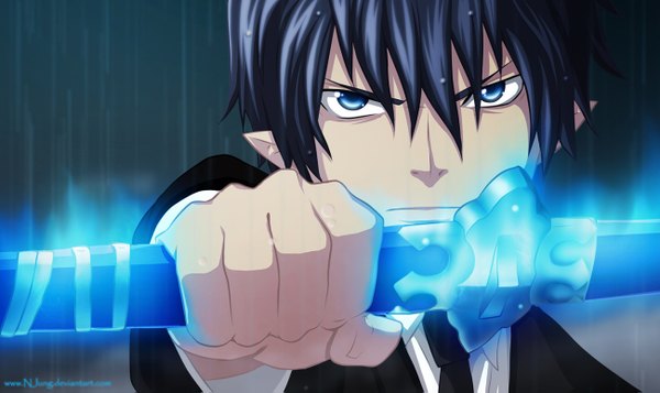 Anime picture 1300x775 with ao no exorcist a-1 pictures okumura rin natilokijung single looking at viewer short hair blue eyes black hair wide image pointy ears coloring magic rain face boy weapon sword necktie katana