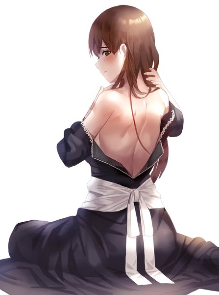 Anime picture 797x1070 with idolmaster idolmaster cinderella girls nitta minami kfr single long hair tall image blush fringe light erotic simple background brown hair white background sitting bare shoulders bent knee (knees) profile looking back off shoulder no bra