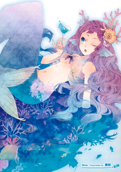 Anime picture 2458x3500 with original kuroyuki single long hair tall image highres open mouth blue eyes cleavage purple hair lying very long hair one eye closed multicolored hair hair flower horn (horns) wink underwater girl navel