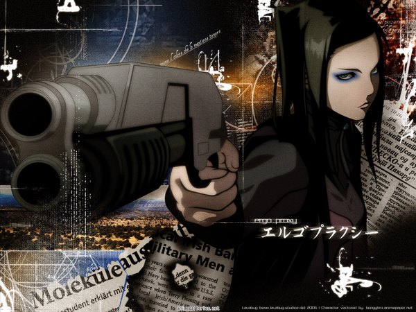 Anime picture 1600x1200 with ergo proxy re-l mayer single long hair black hair inscription hieroglyph eyeshadow girl weapon gun newspaper