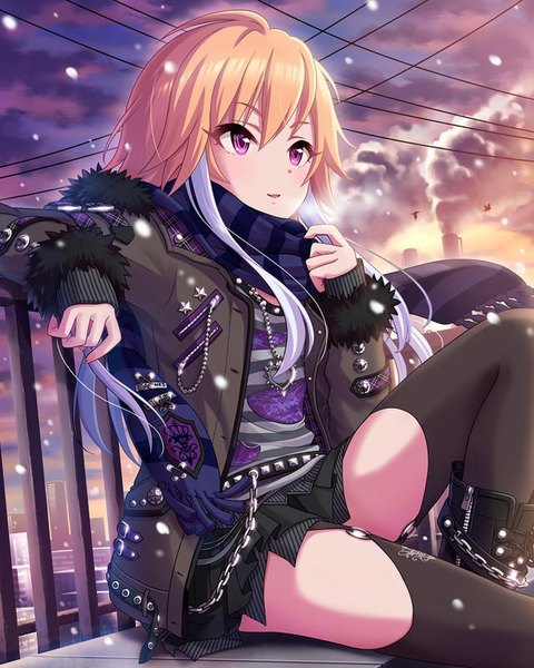 Anime picture 640x800 with idolmaster idolmaster cinderella girls ninomiya asuka single long hair tall image blush fringe blonde hair smile hair between eyes sitting payot looking away sky purple hair cloud (clouds) ahoge bent knee (knees) long sleeves