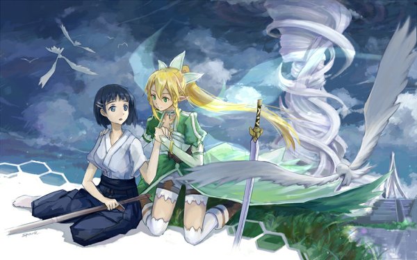 Anime picture 1188x743 with sword art online a-1 pictures kirigaya suguha leafa d.b.spark long hair short hair blue eyes blonde hair smile wide image sitting multiple girls green eyes blue hair sky cloud (clouds) ponytail japanese clothes pointy ears