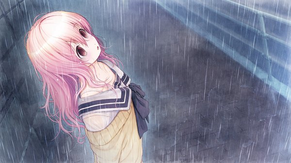 Anime picture 2048x1152 with kimi to kanojo to kanojo no koi nitroplus mukou aoi single long hair blush highres open mouth wide image pink hair game cg profile pink eyes wet looking up rain wet clothes girl uniform bow