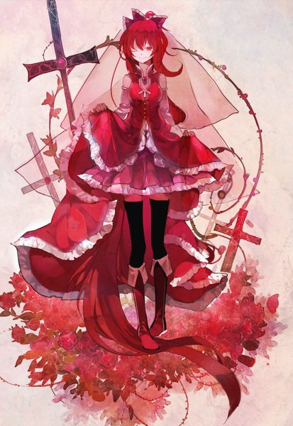 Anime picture 1000x1453 with mahou shoujo madoka magica shaft (studio) sakura kyouko susu (artist) single long hair tall image smile red eyes red hair very long hair one eye closed wink girl thighhighs dress bow hair bow detached sleeves petals