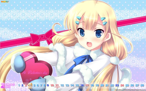 Anime picture 1920x1200 with with ribbon minamura airi ikegami akane single long hair blush highres open mouth blue eyes blonde hair wide image twintails low twintails valentine calendar 2013 girl hair ornament heart hairclip calendar