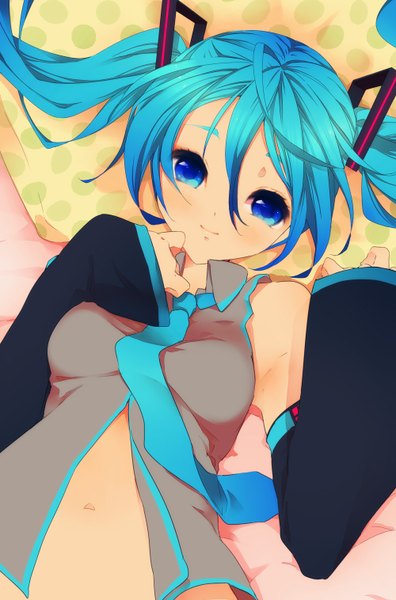Anime picture 1000x1516 with vocaloid hatsune miku etomai long hair tall image blush blue eyes twintails bare shoulders aqua hair girl navel detached sleeves necktie
