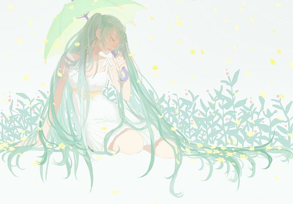 Anime picture 1255x877 with vocaloid hatsune miku 282milk (kkkuroko) single long hair blush open mouth sitting twintails bare shoulders holding eyes closed aqua hair arm support teeth girl dress flower (flowers) plant (plants) white dress