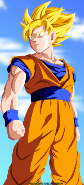 Anime picture 900x1978 with dragon ball dragon ball z son goku melonciutus tall image short hair blonde hair green eyes sky cloud (clouds) sleeveless coloring muscle angry boy belt