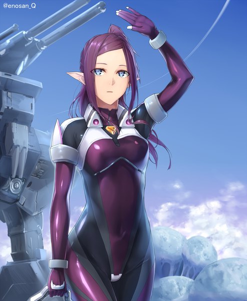 Anime picture 2000x2434 with macross macross delta mirage farina jenius macross elysion enosan single long hair tall image highres blue eyes standing signed looking away sky purple hair cloud (clouds) outdoors ponytail arm up pointy ears
