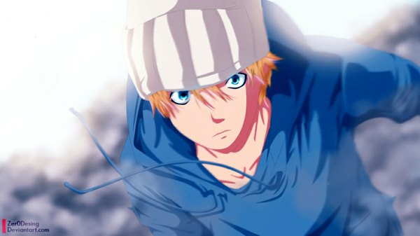 Anime picture 1100x618 with air gear toei animation mikura kazuma zeroooart single looking at viewer short hair blue eyes blonde hair wide image inscription coloring boy cap