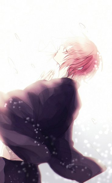 Anime picture 549x895 with natsume yuujinchou daiya no ace production i.g brains base (studio) kominato ryosuke tsubaki single tall image short hair pink hair eyes closed traditional clothes japanese clothes profile wind cosplay hands clasped natsume takashi (cosplay) boy paper