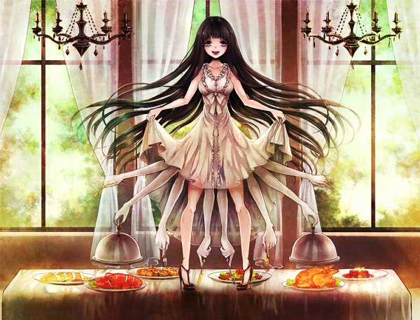 Anime picture 1190x910 with original clona single long hair looking at viewer blush black hair smile cleavage barefoot black eyes legs pale skin extra arms girl dress plant (plants) tree (trees) food shoes