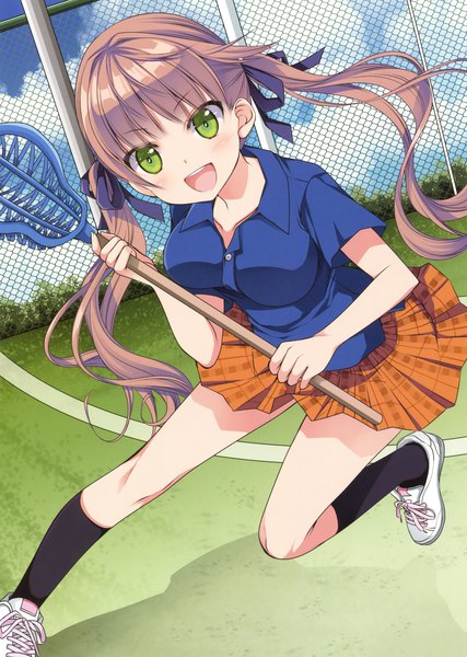 Anime picture 2489x3500 with original sakura hanatsumi single long hair tall image looking at viewer blush highres open mouth brown hair twintails green eyes scan official art girl skirt miniskirt socks black socks