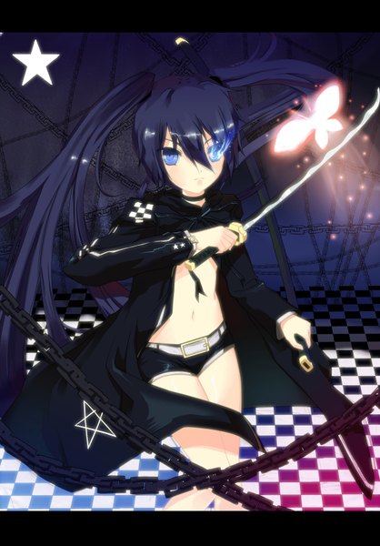 Anime picture 2300x3300 with black rock shooter black rock shooter (character) cg~~lolita single long hair tall image highres blue eyes black hair twintails glowing glowing eye (eyes) checkered floor floor girl weapon sword shorts katana star (symbol)