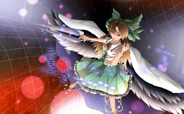 Anime picture 1238x768 with touhou reiuji utsuho masatome (artist) single long hair open mouth brown hair wide image brown eyes starry sky print girl dress bow weapon hair bow wings