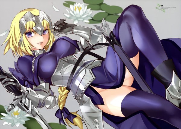 Anime picture 6019x4301 with fate (series) fate/apocrypha type-moon jeanne d'arc (fate) (all) jeanne d'arc (fate) long hair highres blue eyes light erotic blonde hair absurdres braid (braids) scan girl thighhighs dress gloves hair ornament flower (flowers) weapon