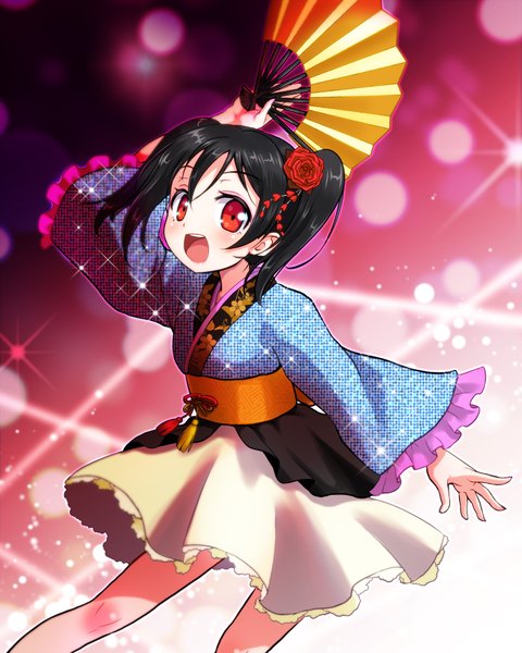 Anime picture 1410x1762 with love live! school idol project sunrise (studio) love live! yazawa nico m-shiganai single tall image looking at viewer blush short hair open mouth black hair red eyes twintails hair flower loli girl dress hair ornament fan