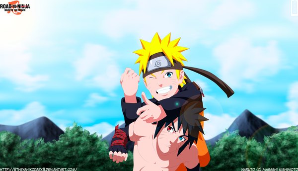 Anime picture 4000x2294 with naruto studio pierrot naruto (series) uzumaki naruto menma (naruto) iitheyahikodarkii highres short hair blue eyes black hair blonde hair smile red eyes wide image absurdres sky cloud (clouds) one eye closed wink sunlight