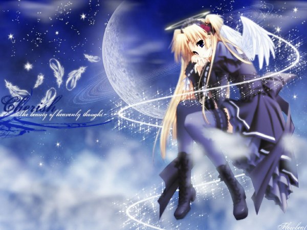 Anime picture 1024x768 with monochrome (game) suzuhira hiro single long hair blue eyes blonde hair brown eyes looking away sky zettai ryouiki white wings hand on face weightlessness angel hand on cheek girl thighhighs dress wings boots