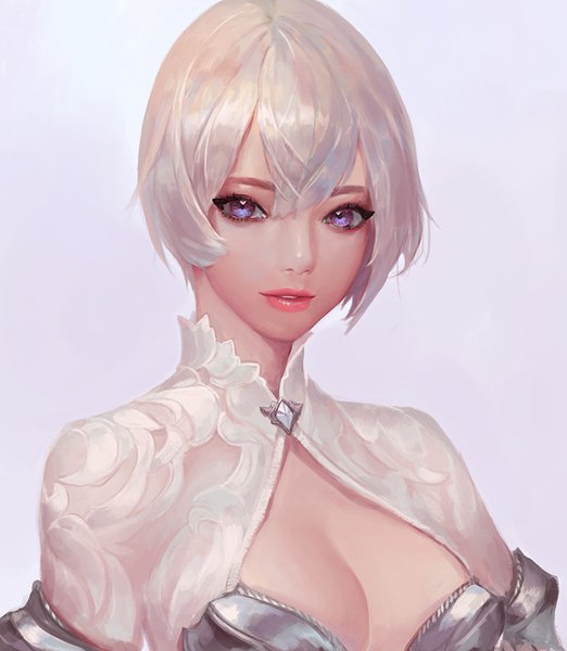Anime picture 783x900 with chocochung single tall image fringe short hair light erotic simple background hair between eyes purple eyes cleavage upper body white hair parted lips lipstick portrait pink lipstick makeup purple background girl gem
