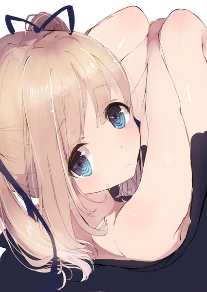 Anime picture 2507x3541 with original gijxgij single long hair tall image blush fringe highres blue eyes simple background blonde hair white background sitting twintails bare shoulders payot bent knee (knees) head tilt looking back from above