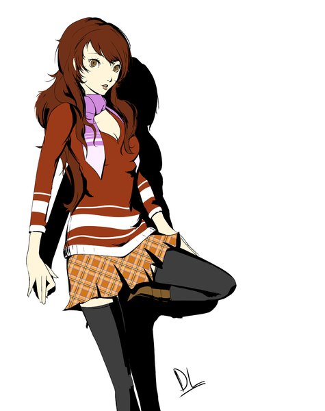 Anime picture 950x1200 with persona 4 persona 3 persona kujikawa rise female protagonist (p3) dh (brink of memories) single long hair tall image looking at viewer simple background brown hair white background brown eyes signed shadow plaid skirt cosplay female protagonist (p3) (cosplay) girl