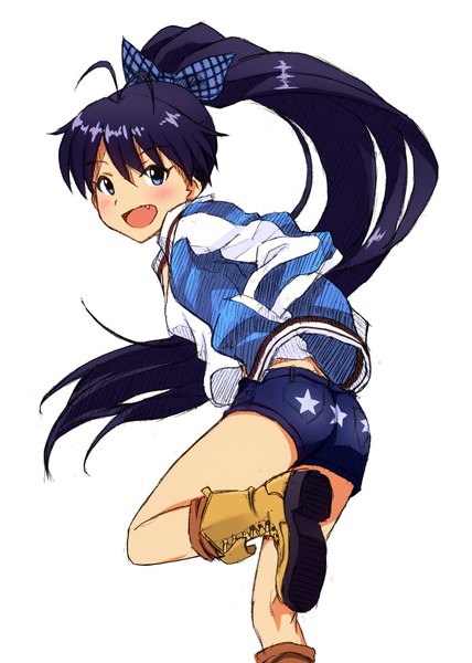Anime picture 700x980 with idolmaster ganaha hibiki mohya (artist) single long hair tall image blush open mouth blue eyes black hair simple background white background ahoge ponytail looking back teeth fang (fangs) leg lift (legs lift) hands in pockets girl