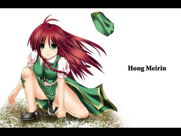 Anime picture 1024x768 with touhou hong meiling green eyes red hair braid (braids) girl skirt skirt set