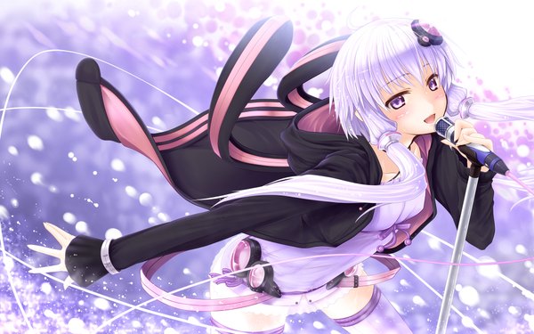 Anime picture 1920x1200 with vocaloid yuzuki yukari gizensha single long hair looking at viewer blush highres open mouth twintails purple eyes white hair low twintails girl dress hair ornament jacket hair tubes microphone stand